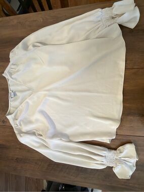 Cream Long-Sleeve Blouse with Smocked Cuffs